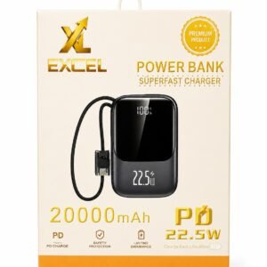 XL Excel 20000mAh Power Bank, 22.5W PD Superfast Charger, Built-In Cables Type-C