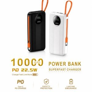 Power Bank 10000mAh, 22.5W PD Superfast Charger, Built-In Cable – Black/White