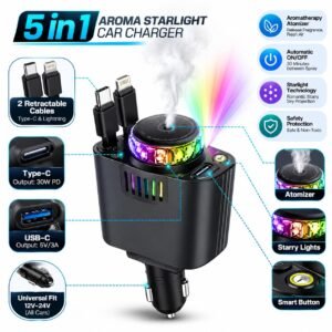5-in-1 Aroma Starlight Car Charger with Aromatherapy Diffuser, RGB Starry Lights & Fast Charging Ports
